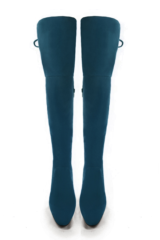 Peacock blue women's leather thigh-high boots. Round toe. Medium block heels. Made to measure. Top view - Florence KOOIJMAN